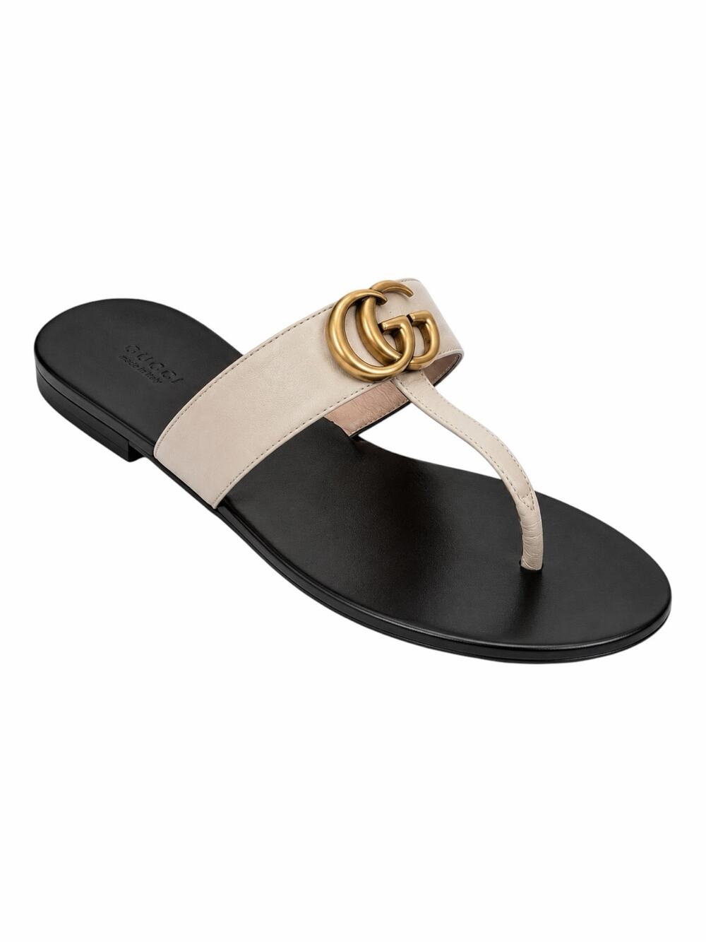 Gucci Leather Thong Sandal Gold Double G Logo Cream White Size 37